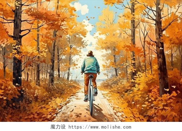 一个男人骑着自行车在森林小路上的背影卡通水彩AI插画立秋